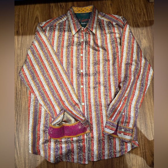 Robert Graham Limited Edition Mens 100% Silk Geometric Flip Cuff Shirt Large